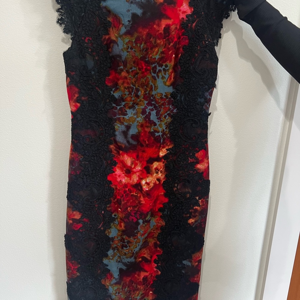 Maggy London Vibrant Red and Black Long Sleeve Dress - Fall Colors/Watercolor